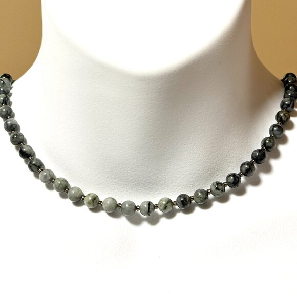 Dark Grey Marble Short Necklace, Genuine Gemstone Adjustable Beaded Necklace - Picture 1 of 10